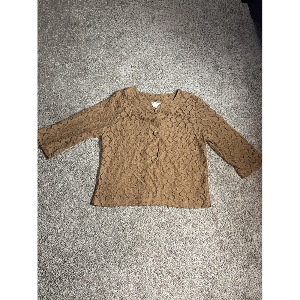 Erin by Erin London Brown Lace Cardigan Sleeve Button Front Top Petite Small